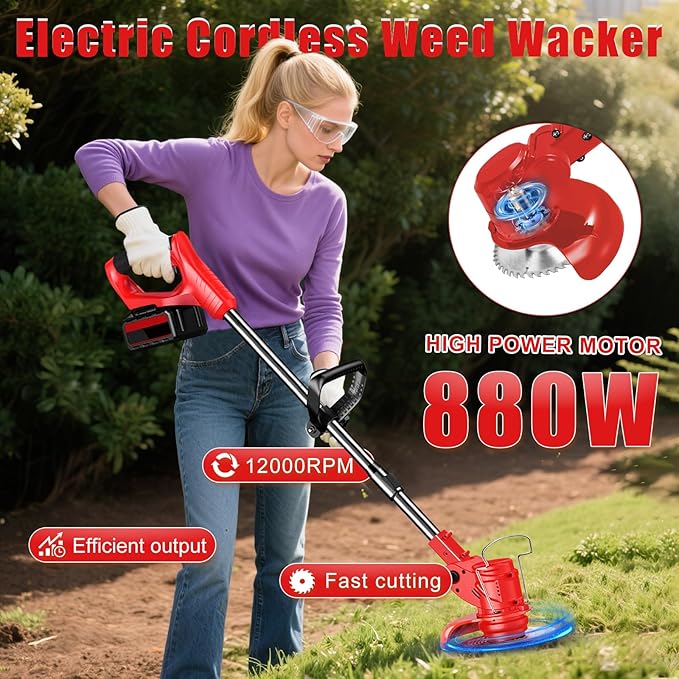 Electric Weed Wacker String Weed Eater Cordless Grass Trimmer 21V Battery Powered String Trimmer with 2x2.0ah Battery and Charger Brush Cutter/Edger/Mower with 3 Types Blade for Garden Lawn Turf(Red)