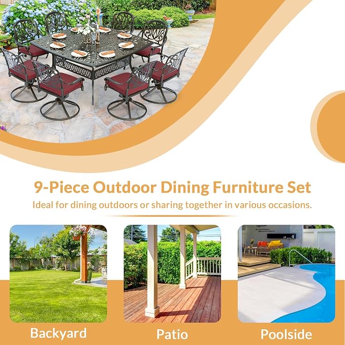 9 Piece Outdoor Patio Dining Set for 8, Cast Aluminium Large Square Dining Table & 4 Swivel Rocker Chairs, 4 Stationary, 8 Cushions, Umbrella Hole, Patio Furniture Set for Garden, Chili Red