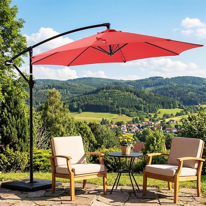 OLIXIS 9.8FT Offset Patio Umbrella with Base, Cantilever Table Umbrellas for Outdoor Sun Shade UV Protection with Easy Tilt Adjustment, 8 Ribs for Backyard, Lawn, Garden, Pool