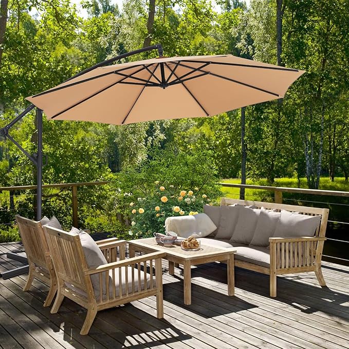 ABCCANOPY 10FT Cantilever Patio Umbrella with base included, 360° Rotation Outdoor Offset Umbrella for Backyard, Deck, Poolside (Khaki)
