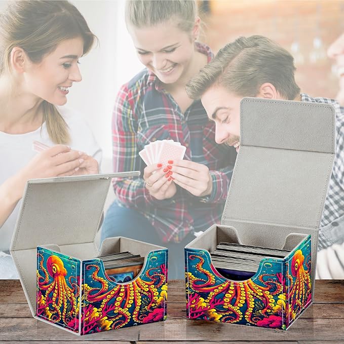 Card Deck Box for MTG, Cards Storage Box Fits 120+ Sleeved, Leather Small Size Strong Magnetic Closing Card Case for Board Games Magic TCG CCG Baseball Collection, Octopus Ocean Bottom