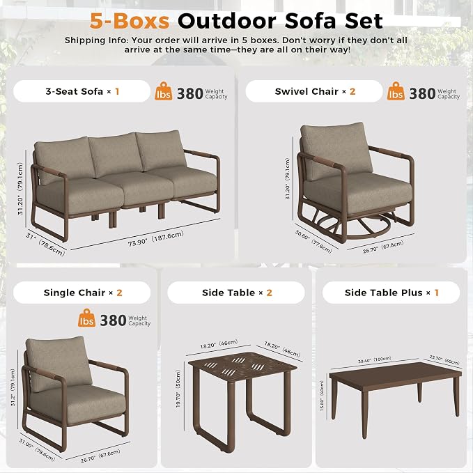 Outdoor Aluminum Patio Furniture Set with with 6.5" Thick Cushions,10-Piece Outdoor Sectional Conversation Set with Swivel Chairs,All-Weather Patio Set for Backyard & Deck,Brown