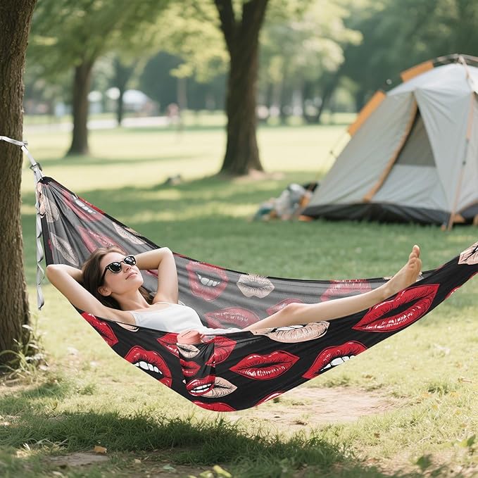 Camping Hammock Outdoor Hammocks for Outside Red Lips 1 Beach Trees Portable Lightweight with Pockets Tree Straps Indoor