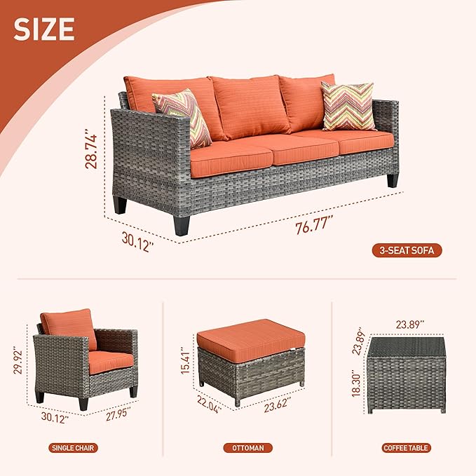 HOOOWOOO 6-Piece Patio Furniture Set–Stylish,Comfortable Outdoor Rattan Sofa Set with 2 Chairs,2 Ottoamns and Coffee Table,Weather-Resistant Patio Conversation Set for Deck,Garden,Balcony (Orange Red)