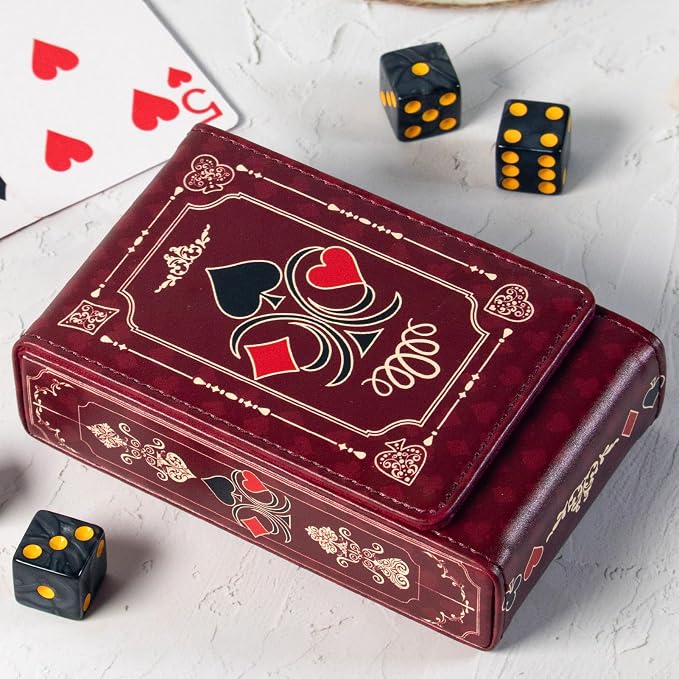Leather Playing Card Box/Case, 4.7''x3''x1.3'' Deck of Cards Holder - Fits Bridge Cards, Playing Card Storage Box for Outdoor Travel Gaming (Red)