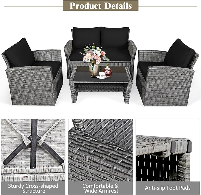 COSTWAY 4 Pieces Patio Rattan Furniture Set, Outdoor Wicker Sofa Set with Tempered Glass Coffee Table, Cushions, All Weather Rattan Conversation Set for Yard Balcony Backyard Pool (Black)