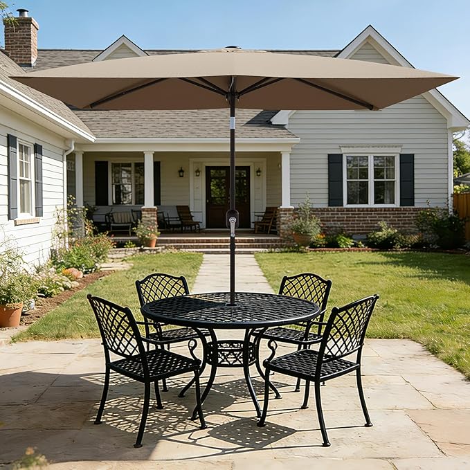 Garvee 10' x 6.5' Rectangular Patio Umbrella, Outdoor Table Umbrella with Crank and Push Button Tilt, Market Umbrella Sun Umbrella with 6 Sturdy Ribs Tilt for Garden, Deck, Lawn, Pool -Tan