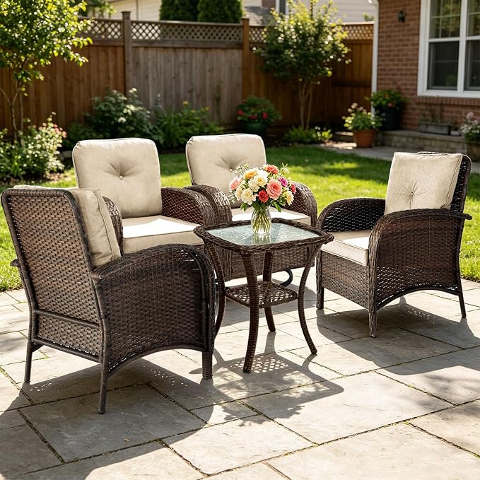 All Weather Patio Furniture Set, High Back Swivel Rocker Glider Chairs,Ottomans & Glass Tables, Outdoor Conversation Set for Deck Porch Yard Poolside (Brown, 5PCS-Swivel Chairs&Chairs&Table)
