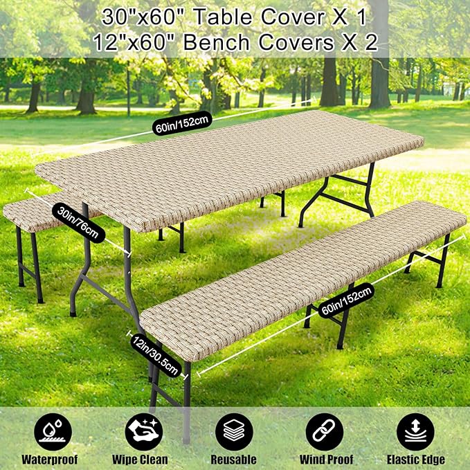 Smiry Picnic Table Cover with Bench Covers, Waterproof Elastic Fitted Tablecloth for 5 Foot Tables, Washable Polyester Tablecloths for Camping, Indoor & Outdoor (Champagne, 30x60 Inch 3-pc Set)