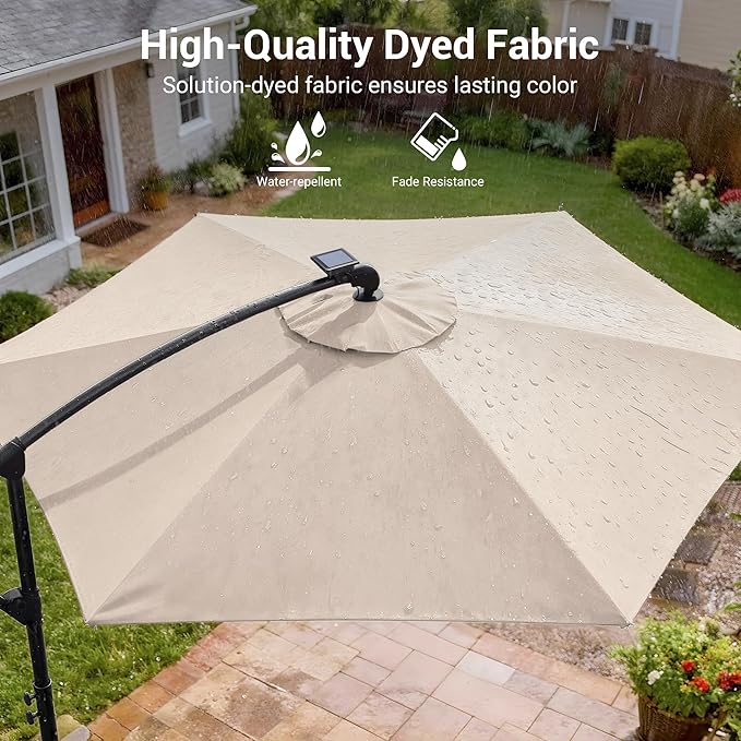 10ft Offset Patio Umbrella with Solar Light Strips,Outdoor Cantilever Hanging Umbrella with Cross Base, Fade Resistant Recycled Fabric, for Pool, Deck, Garden,Backyard,Beige