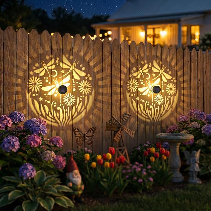 2 Pack Solar Fence Lights Outdoor Wall Lights Metal Solar Powered Deck Step Stair Lights Dragonfly Theme Waterproof Fence Solar Light for Garden Post Patio Yard Decor, Gardening Gifts for Women Mom