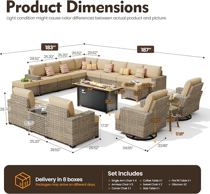 HOOOWOOO Sectional Patio Furniture Set with Fire Pit Table,17 Pieces Wicker Outdoor Furniture L Shaped Couch,Outside Conversation Set Extra Deep Sofa Wide Arm Swivel Chairs Ottoman Solar Light,Beige