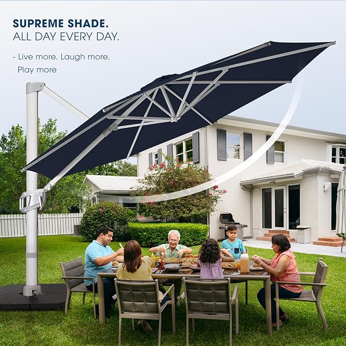 wikiwiki 12FT Cantilever Patio Umbrella, Offset Umbrella Outdoor Patio with 360° Rotation and Unlimited Tilting System, Heavy Duty Large Umbrella with Cross Base, Navy Blue
