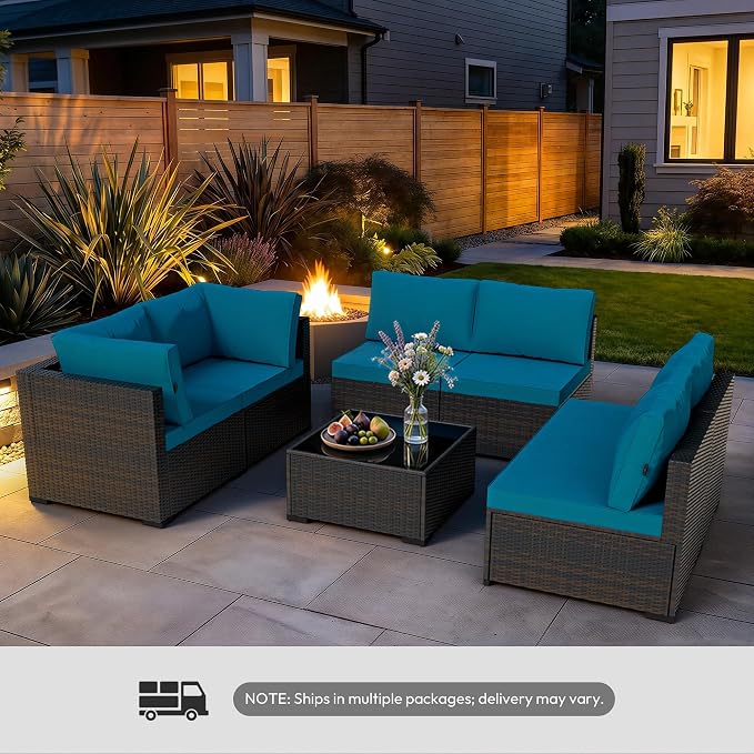 WWR Patio Furniture Set 7 Piece - All-Weather - Wicker Rattan Patio Outdoor Conversation Set, Modular Sectional Sofa for Backyard, Garden, Poolside, Balcony, Porch, Patio, Brown/Peacock Blue