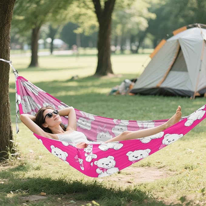 Camping Hammock Outdoor Hammocks for Outside White Bear Bow Hotpink Beach Trees Portable Lightweight with Pockets Tree Straps Indoor Small