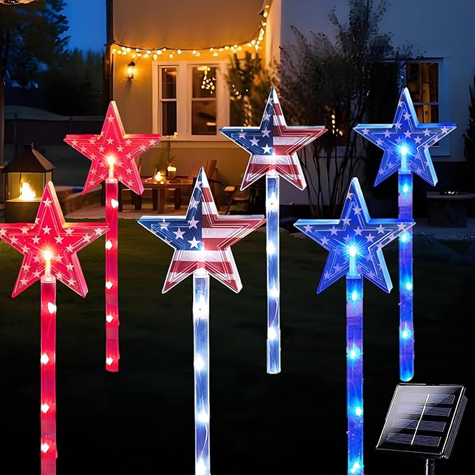 4th of July Decorations Outdoor Red White and Blue Pathway Lights, 6 Pack Flag Star Stake Lights for Independence Day Memorial Day Patriotic American Flag Decor Outside Landscape Garden Yard Lawn