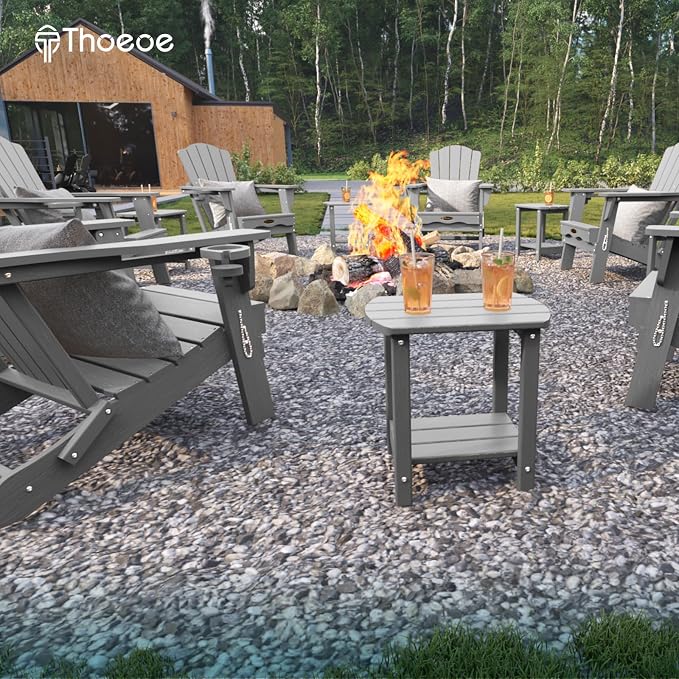 THOEOE Adirondack Outdoor Side Table, 2-Tier Sturdy Patio End Table Weather Resistant, Morden Side Table for Patio, Pool, Porch, Grey