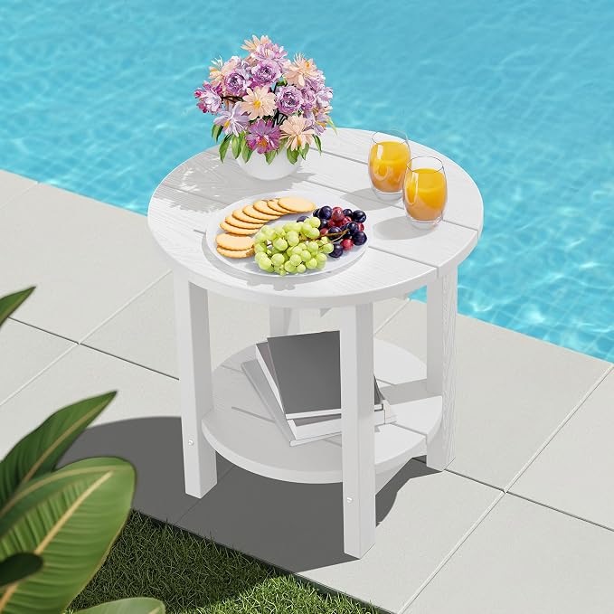 SERWALL Round Outdoor Side Table, HDPE Small Adirondack End Table,2-Tier Patio Side Table for Backyard Pool Porch Garden Lawn, White