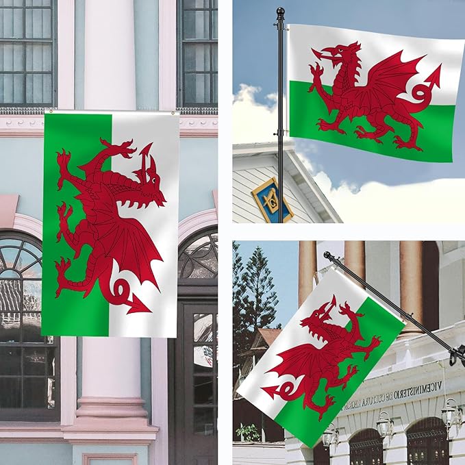 Wales Flag 3x5 FT Heavy Duty Welsh Flag Double Stitched Vivid Color Fade Proof Outdoor Decor With Brass Grommets(Wales)