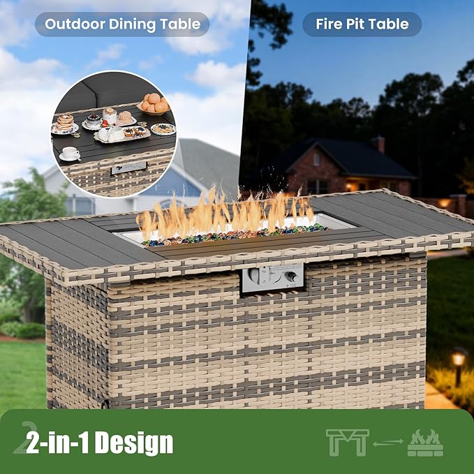 UDPATIO Patio Furniture Set with Fire Pit Table, 8 Inch Armrest Outdoor Sectional Sofas, 5 Piece All-Weather Wicker Conversation for Garden, Backyard