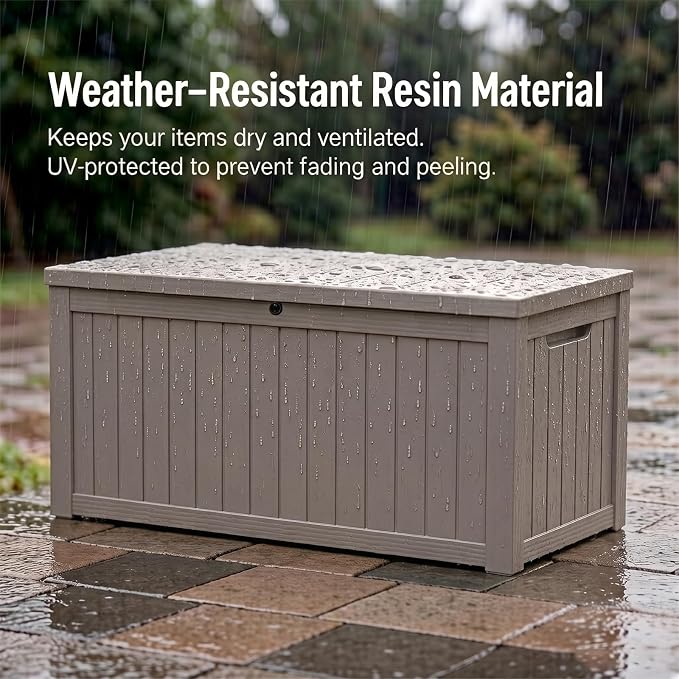 179 Gallon Resin Outdoor Storage Box, Waterproof Deck Box with Lockable Lid, Outside Storage Box for Patio Furniture, Pool Accessories, Garden Tools, Storage Bench for Backyard, Porch, Gray Brown