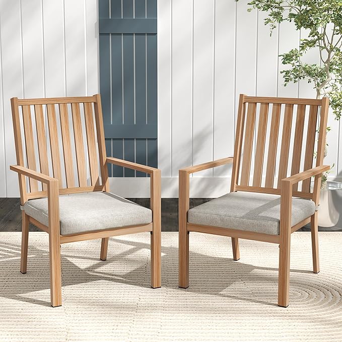 RoyalCraft Aluminum Outdoor Patio Chairs Set of 2, Outdoor Chairs with Waterproof Cushions, Outdoor Dining Chairs with Armrests, Metal Patio Furniture Set for Porch, Balcony, Deck, Backyard, Brown