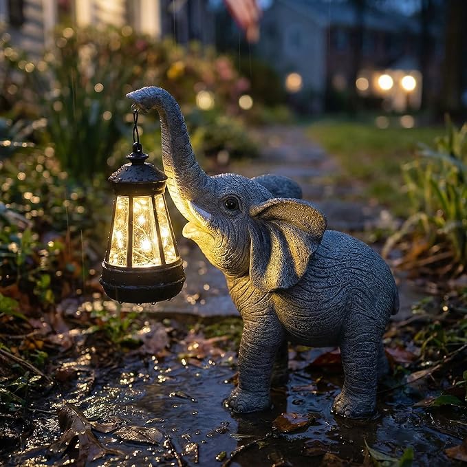 Candieslife Solar Garden Statue Lights Elephants Figurine with Solar Lantern, Outdoor Yard Decorations for Patio Porch Home, Mothers Day Decorations Gift for Women - Unique Housewarming Gifts