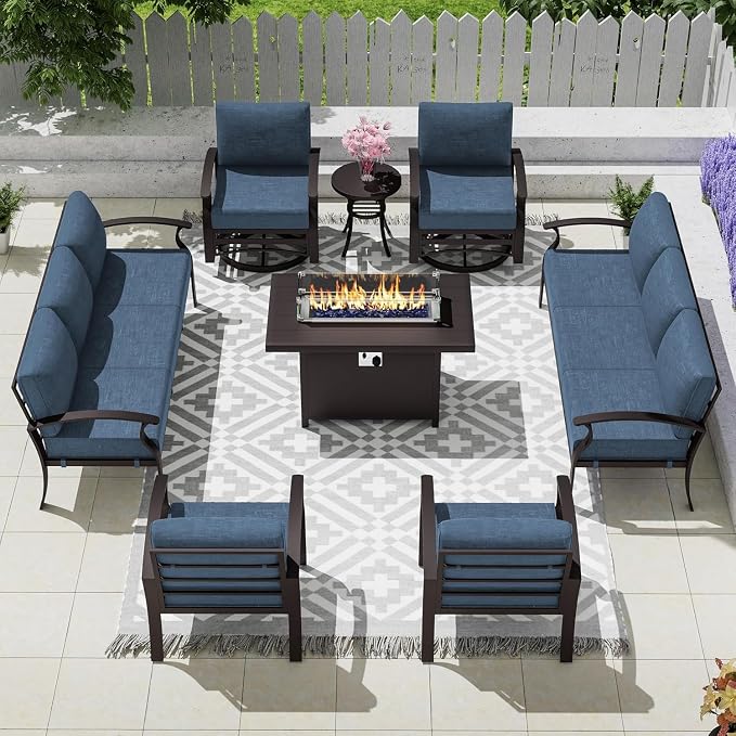 Patio Furniture Set 10 Seats Aluminum Armrest Sofa, Modern Outdoor Living Room Set with 55000 BTU Propane Aluminum Fireplace, Outdoor Rotary Joystick with Thick Cushion