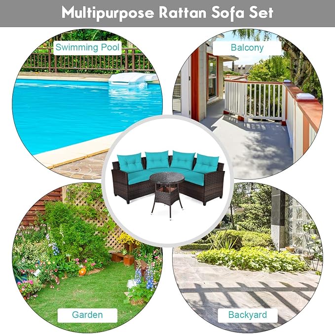Tangkula 4-Piece C Shape Patio Furniture Set, Outdoor Corner Wicker Rattan Sectional Cushioned Sofa Set, with Glass Coffee Table, for Garden Poolside Balcony (Turquoise)