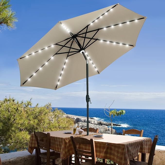 GDY 10Ft Patio Umbrella, Table Umbrella with 40 LED Lights, Outdoor Umbrellas for Patio, with Tilt and Crank, Center Light, for Garden, Deck, Backyard, Pool, and Beach.