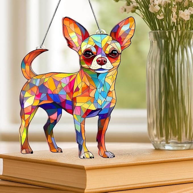 Chihuahua Gifts for Women, Colorful Chihuahua Ornament for Window Hanging | 5"x5.9" Acrylic Suncatcher Ornament Faux Stained Glass, Dog Lovers Gifts for Women, Dogs Christmas Ornaments for Tree Hanging