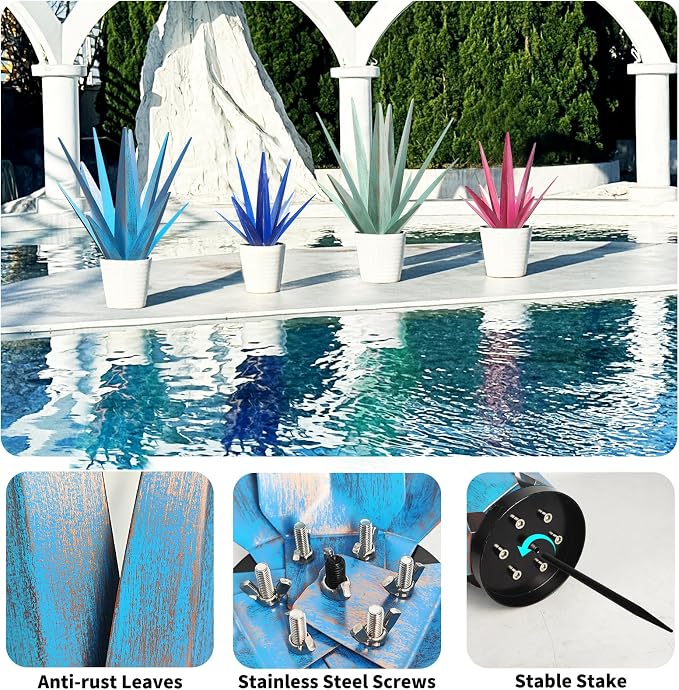 KODIBO Large Metal Agave Plant Outdoor Decor with Solar Light, Dark Blue | IP65 Waterproof Solar Light, Rust-Resistant Metal,Tequila Rustic Sculpture, Outdoor Garden Decor, Gifts for Garden Lovers
