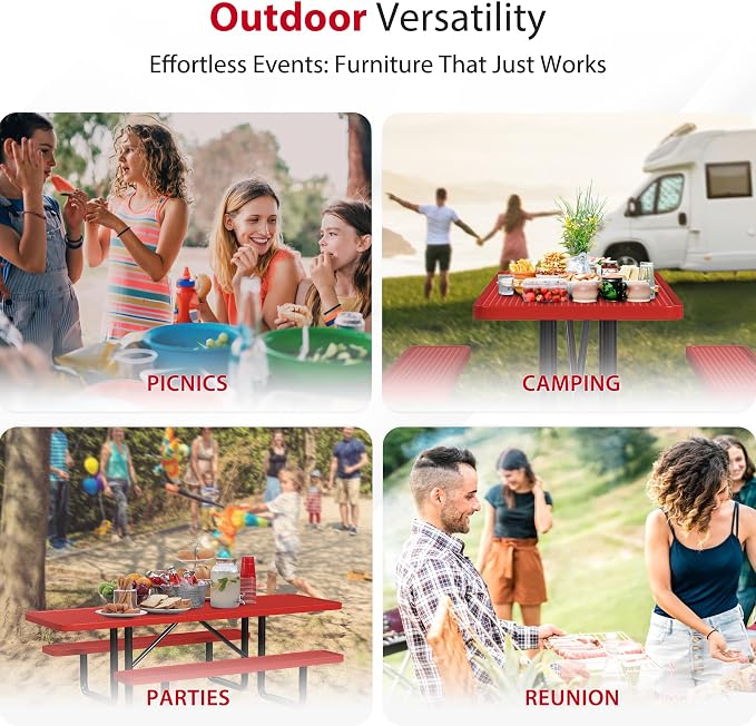 Leisure Craft Metal Picnic Table with Bench - 8 ft Rectangle Outdoor Dining Table with Umbrella Hole, Heavy Duty Thermoplastic Coating, ADA Compliant, Commercial Grade Furniture Made in USA - Red