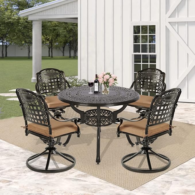5 Piece Patio Dining Set, Outdoor Table and Chairs Set for 4 Cushioned Swivel Rocking Chairs and 38.5'' Round Table, All-Weather Cast Aluminum Patio Funiture Set, 2'' Umbrella Hole