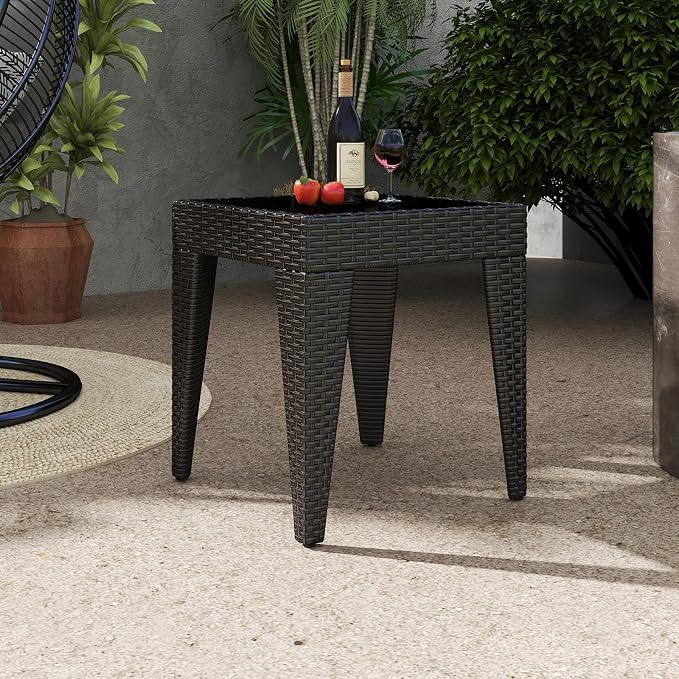 Kinfant Rattan Patio Side Table - Set of 2 Modern Wicker End Table, PE Coffee Table with Glass Top, Weather-Resistant Patio Furniture for Patio, Balcony, Garden, and Poolside (2, Rattan Black)