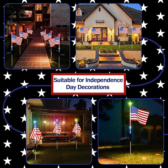 US Flag Solar Garden Lights, 7 Color Changing American Flag Light 4th of July Decorations Lights Patriotic Solar Lights Outdoor for Independence Day Memory Day Garden Yard - 4 Pack