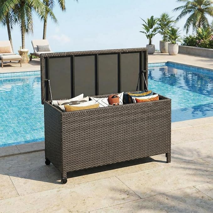 GarveeHome 125 Gallon Wicker Deck Box, All-Weather Outdoor Storage Bin with Rattan Finish, Large Capacity for Patio Furniture, Cushions, Pool Supplies & Garden Tools(Brown)