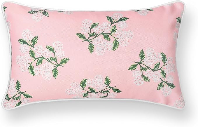 Hofdeco Premium Coastal Patio Indoor Outdoor Lumbar Pillow Cover Only, 12"x20" Water Repellent for Backyard, Couch, Blush Pink Print Hydrangea Flower (Pack of 2)