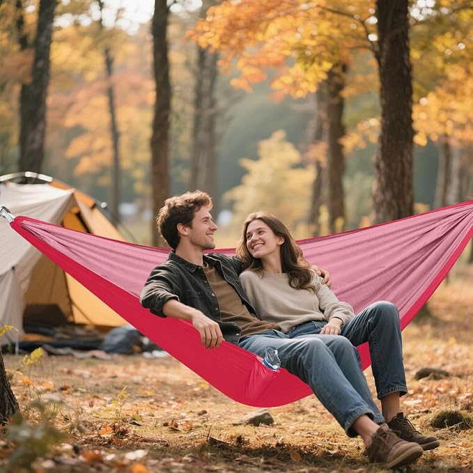 Pink Solid Color Camping Hammock, Portable Lightweight Single Hammock with Tree Straps and Aluminum Carabiners, 114" x 54" Travel Hammock for Hiking Backpacking Beach