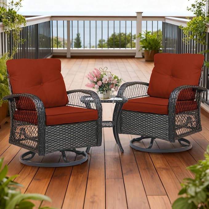 3 Piece Outdoor Swivel Rocker Patio Chairs, All-Weather Rattan Chair, Wicker Glider Patio Furniture Set with Side Table, for Garden, Backyard, Deck, Red