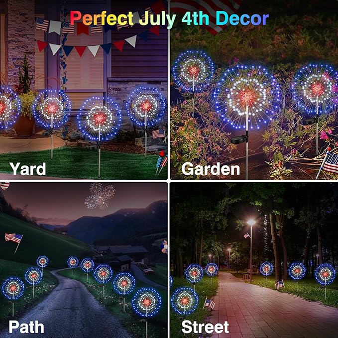 Lewondr 4th of July Firework Solar Garden Lights, Red Blue White Solar Firework Lights with 120 LED 2 Lighting Modes, Outdoor Waterproof Yard Lighting for Independence Day Memorial Day Decor, 4 Pack