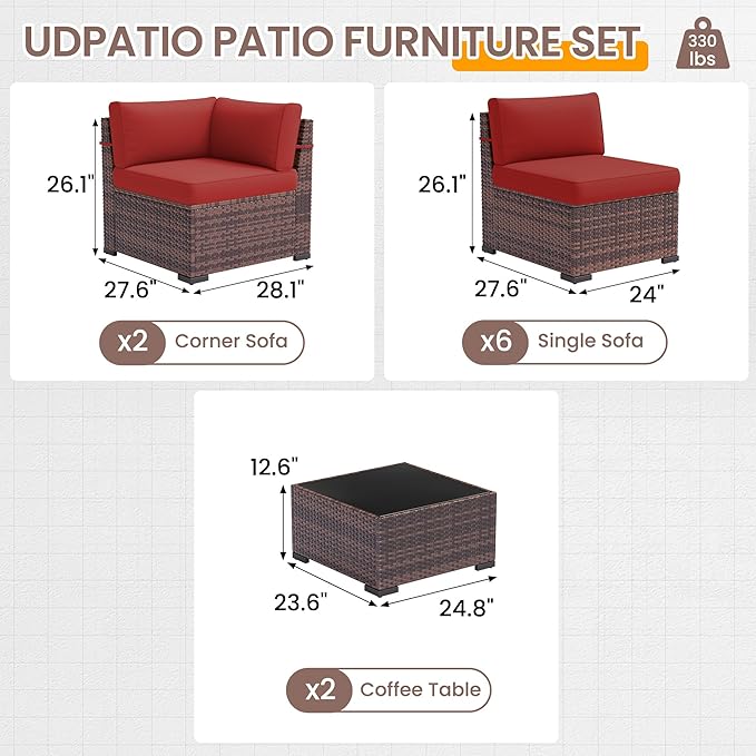 UDPATIO Patio Furniture Set, Modular Outdoor Sectional with 105°Slanted Back, 10 Pieces Rattan Conversation Set for Poolside, Backyard, Deck, with Coffee Table, Waterproof Cover,Red