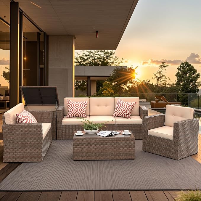Super Patio 8 Pieces Outdoor Patio Furniture Set, Wicker Patio Conversation Sets with Storage Box, Rattan Outdoor Sectional Sofa Set with Cushions and Coffee Table for Outside Porch, Deck, Brown