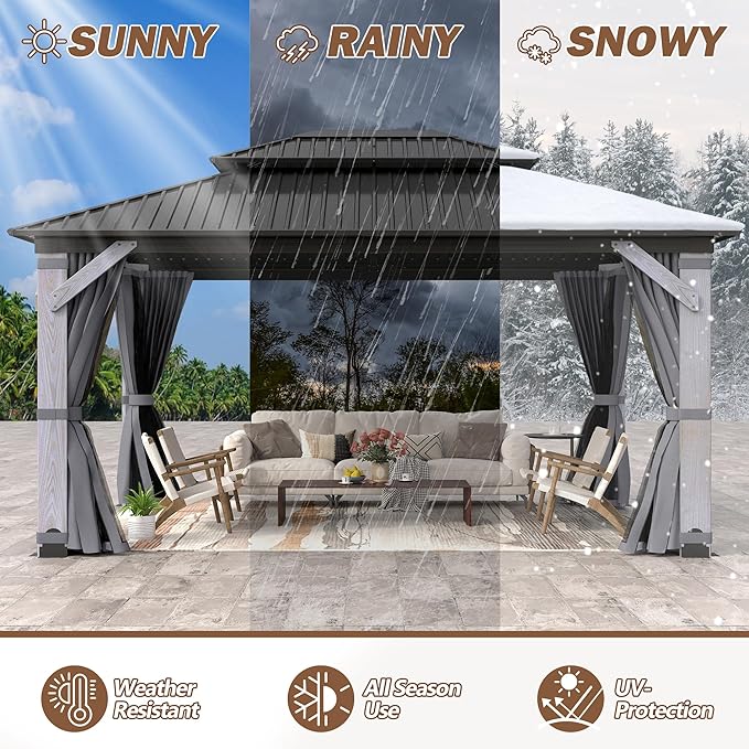 12' x 16' Wood Gazebo, Outdoor Cedar Wood Hardtop Gazebo with Galvanized Steel Doule Roof, Wooden Frame Gazebos with Netting and Curtains for Patio, Backyard, Deck