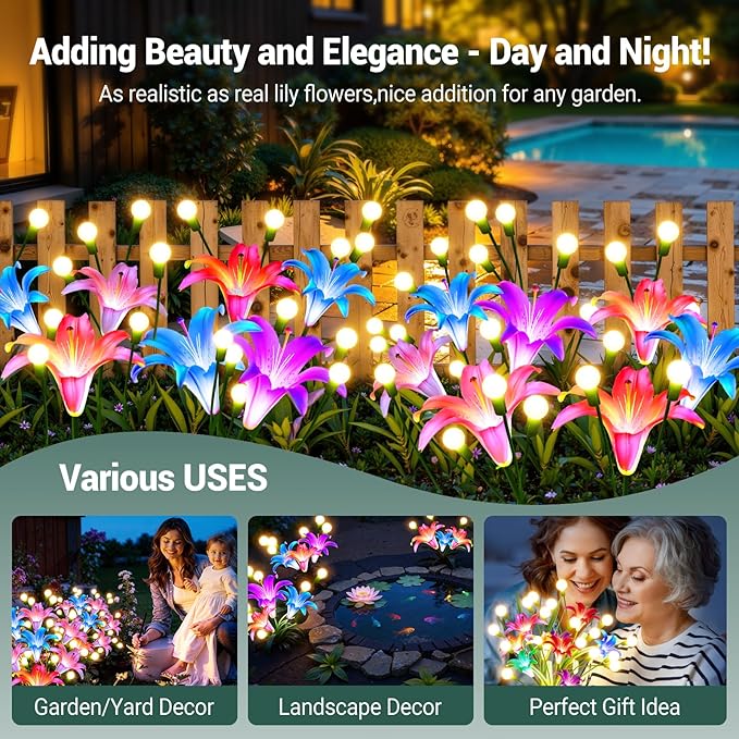 WdtPro Upgraded Solar Lights Outdoor Garden Decor: 4 Pack Solar Firefly Swaying Light with Color Changing LED Lily, Waterproof Decorative Flowers for Yard Patio Pathway Lawn, Gardening Gifts for Women