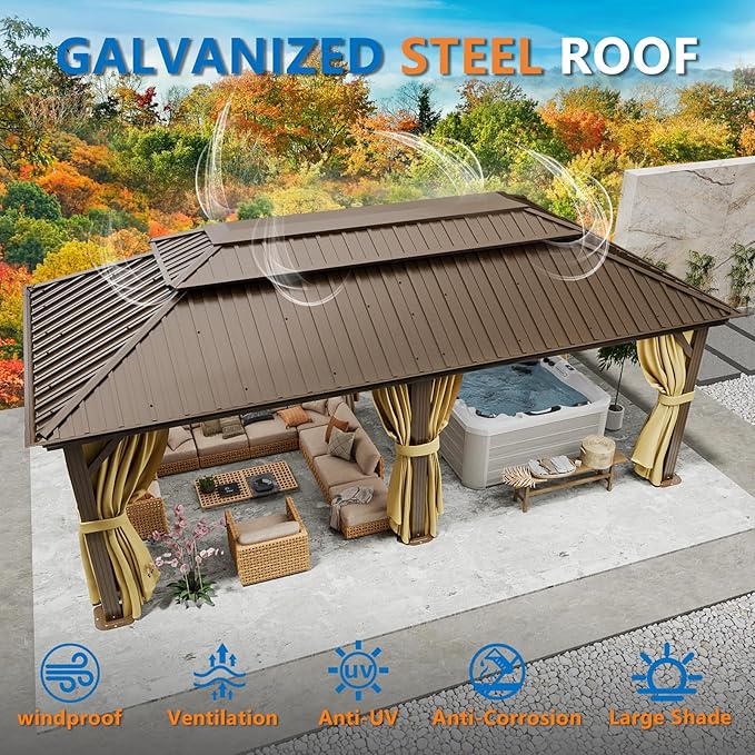 HOTEEL 12x20 Hardtop Gazebo with Metal Roof & Drainage System, Heavy Duty Galvanized Steel Gazebo with Reinforced Aluminum Frame, Privacy Curtains and Netting, for All-Weather, Brown (2026 Upgraded)