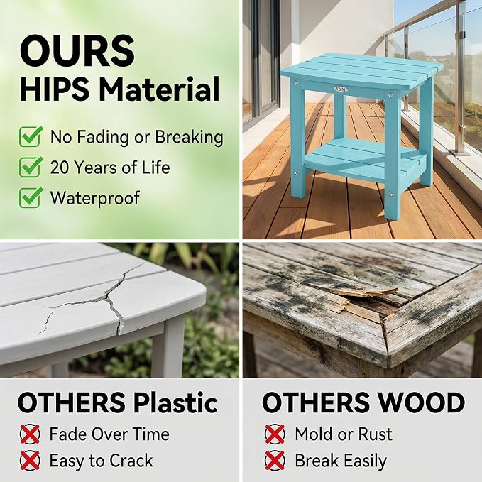Y&M Outdoor Side Table, HIPS Adirondack Small Double Layer Table, Waterproof Square Outside Table, Balcony End Tables for Patio, Pool, Porch, Deck, Indoor or Outdoor Use, Light Blue