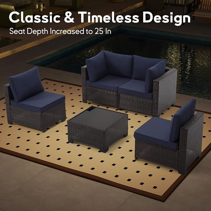Bonzy Home 5 Pieces Outdoor Patio Furniture Set, PE Rattan Outdoor Sectional Furniture Sofa Set with Removable Cover and Glass Coffee Table, Patio Sofa for Balcony, Porch, Garden, (Brown-Navy Blue)