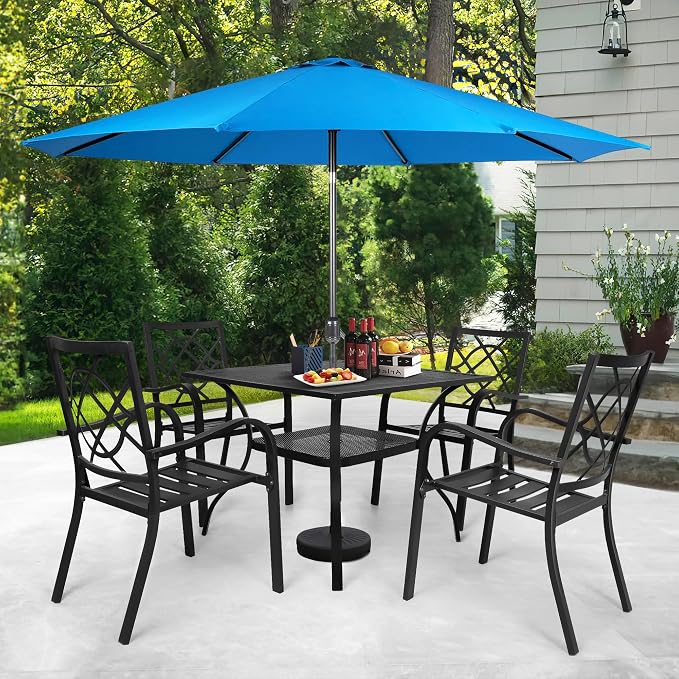 SUNCROWN 6-Piece Outdoor Wrought Iron Chairs and Table Patio Dining Furniture Set - 4 Stackable Metal Chairs, 1 Steel Slat Bistro Table and 1 Sky Blue 9Ft Patio Umbrella for Garden Backyard Deck