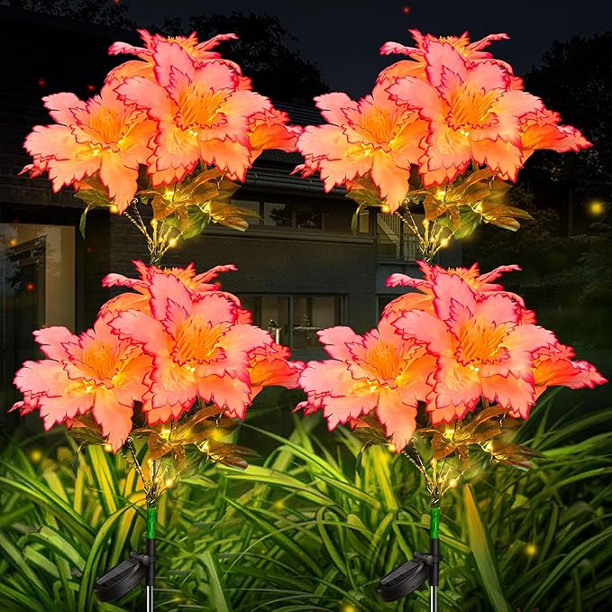 Neporal Solar Flowers Outdoor Waterproof Rhododendron,Garden Solar Lights Decorative 4PK 7-Stem, 2 Decor Lighting Modes, Solar Powered Garden Decor, Solar Yard Decor (Pink-2PK)